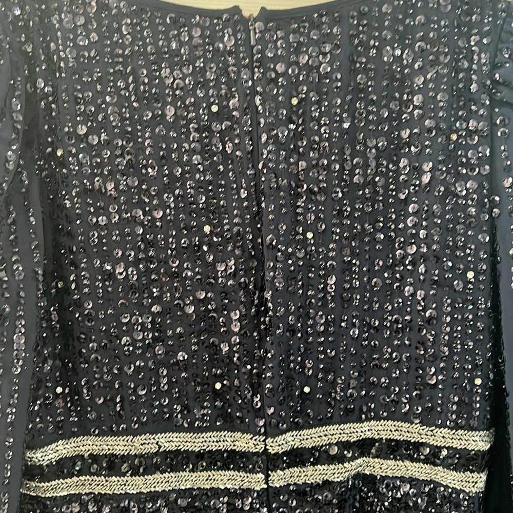 10 Mac Duggal Navy Long Sleeve Sequined Midi Dress 14 V neck Evening Formal - Picture 8 of 12